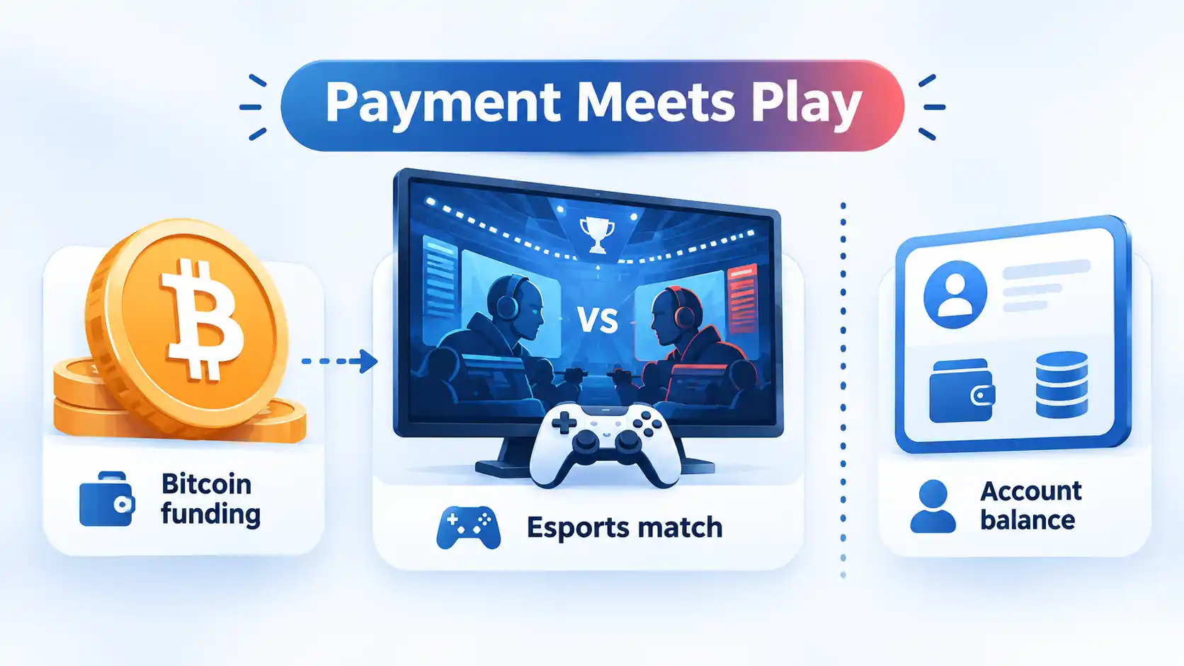 Bitcoin funding card, esports match screen and separate account balance card beneath a Payment Meets Play banner.