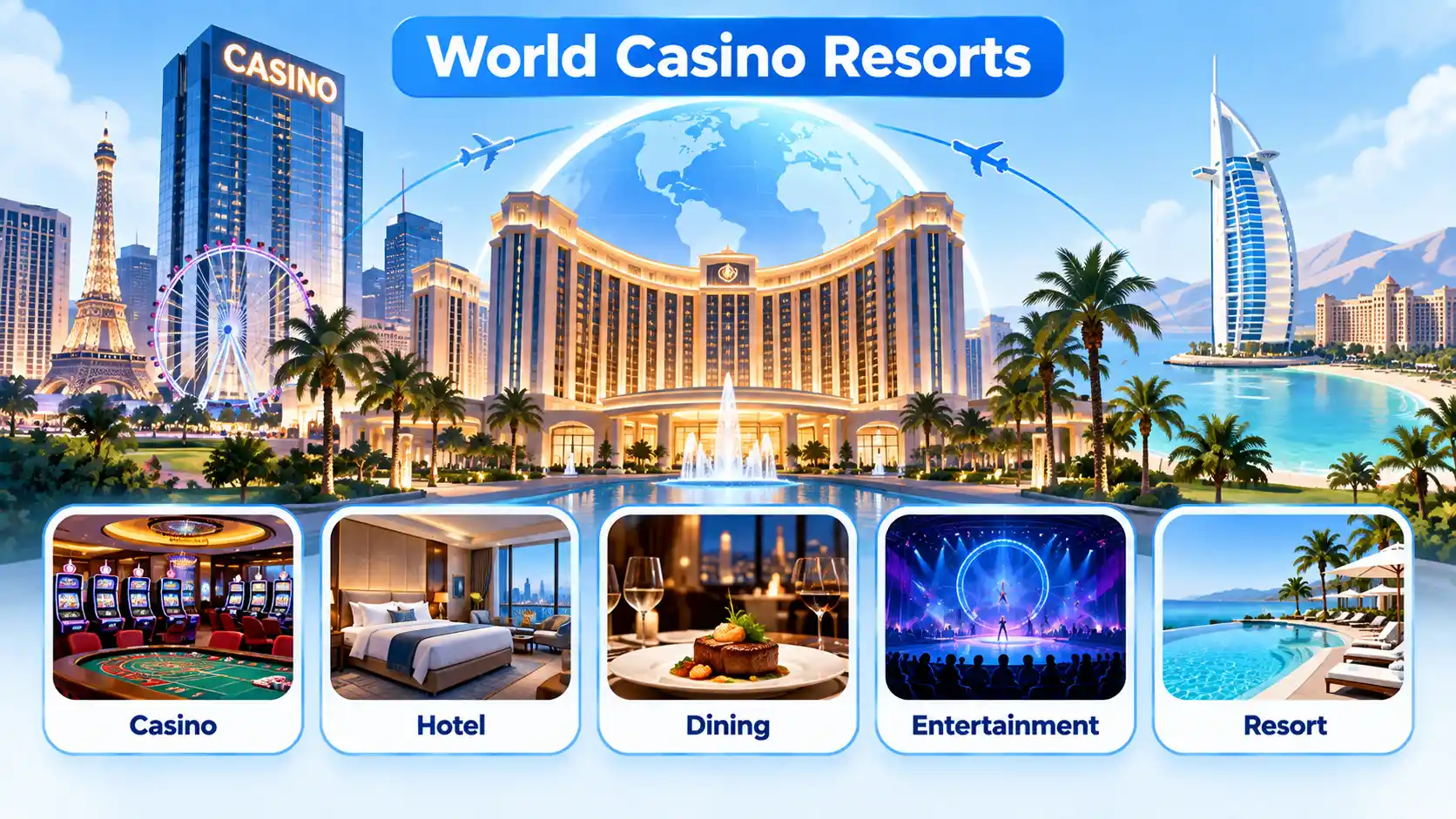World Casino Resorts scene with Casino, Hotel, Dining, Entertainment, and Resort amenity cards.
