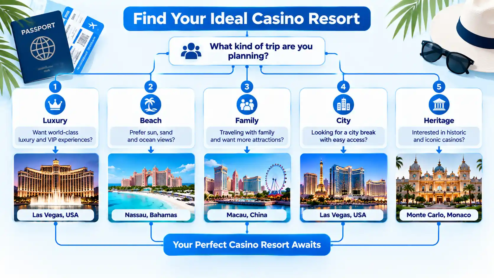 Casino resort flowchart branches through Luxury, Beach, Family, City, and Heritage travel choices.