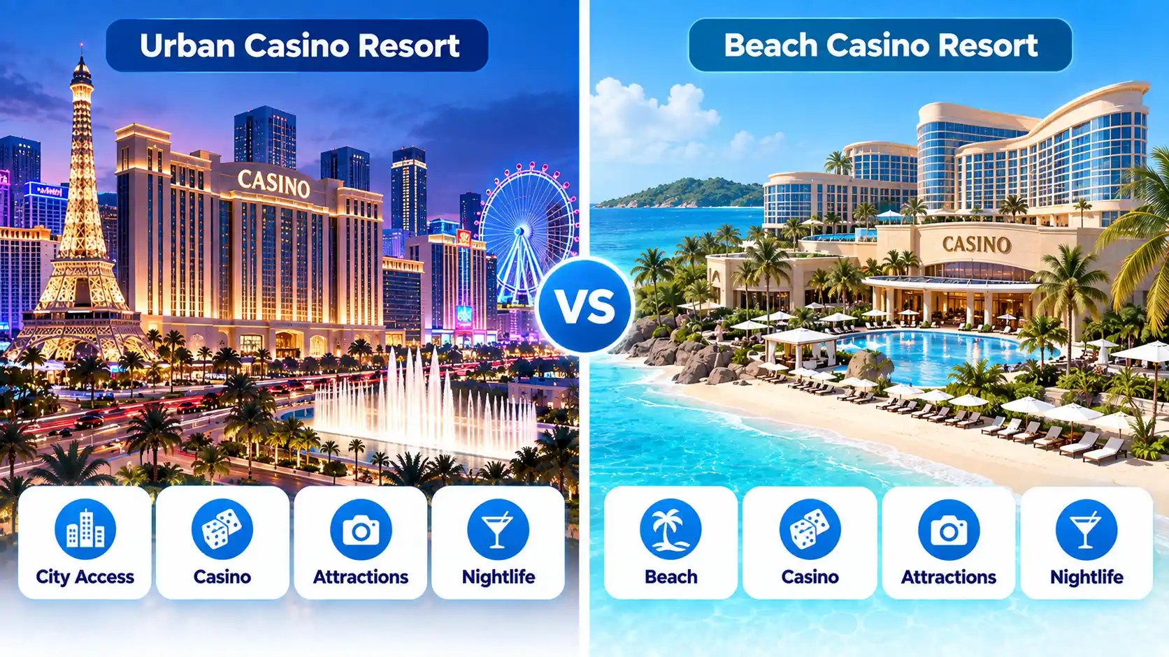 Urban and beach casino resorts compared by City Access, Beach, Casino, Attractions, and Nightlife.