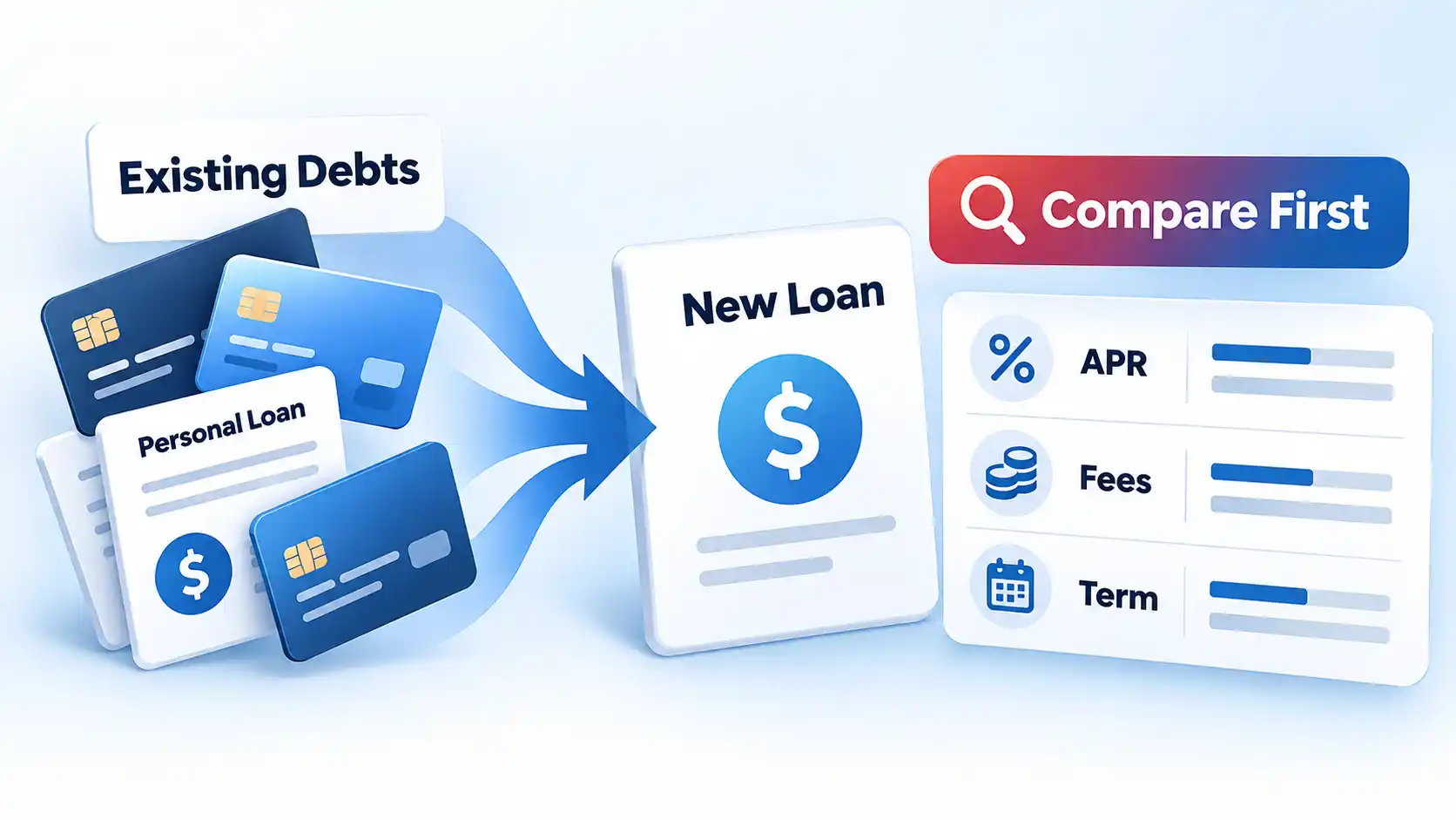 Credit cards and a personal loan converge into a new loan beside a Compare First panel for APR, Fees, and Term.