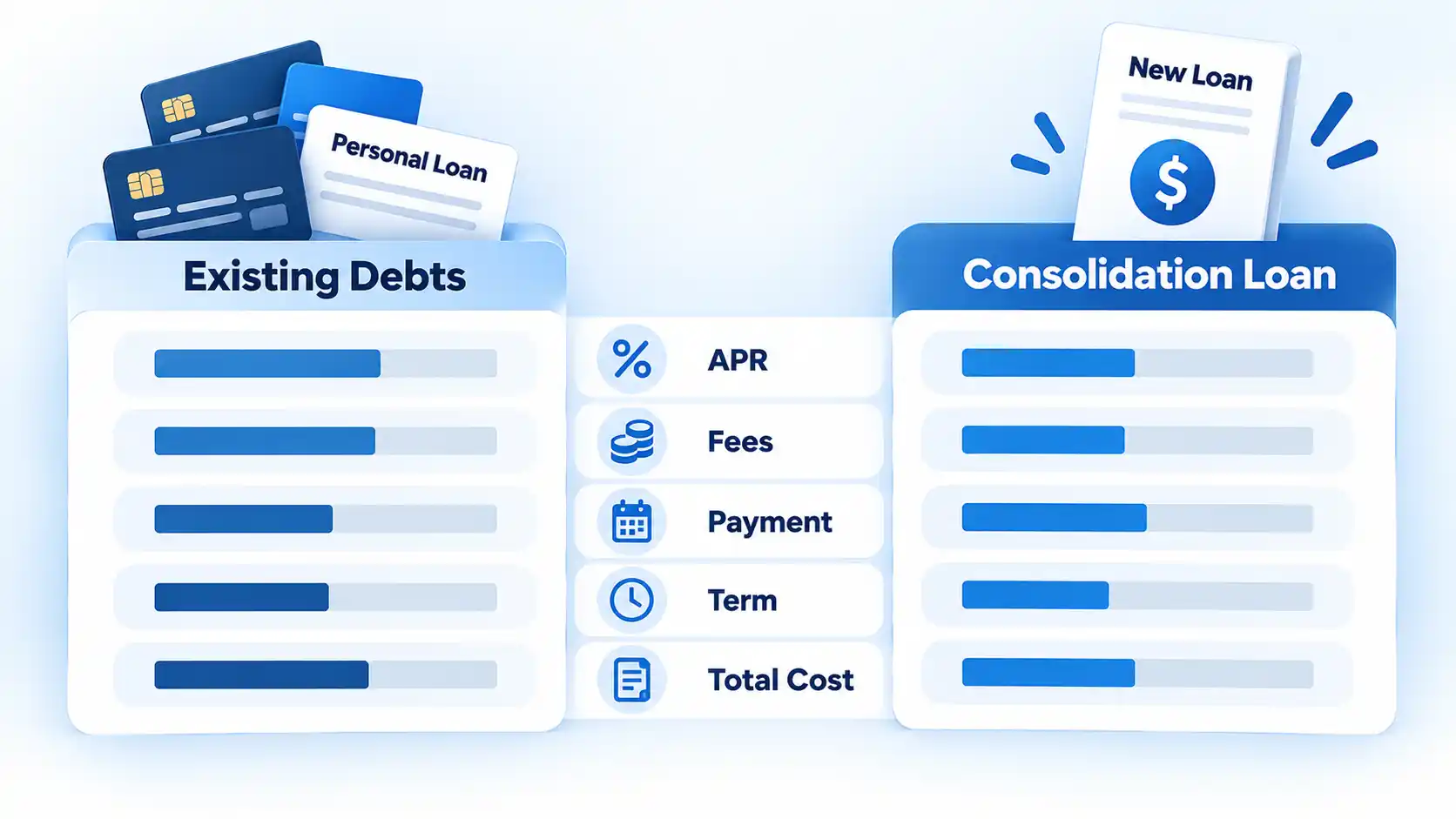 Existing Debts and Consolidation Loan panels compare APR, Fees, Payment, Term, and Total Cost.