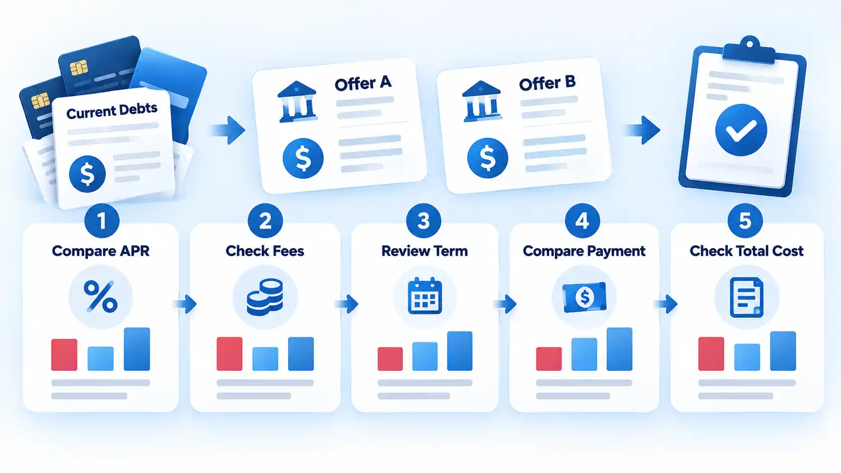 Current Debts lead to Offer A and Offer B above five numbered steps for APR, Fees, Term, Payment, and Total Cost.