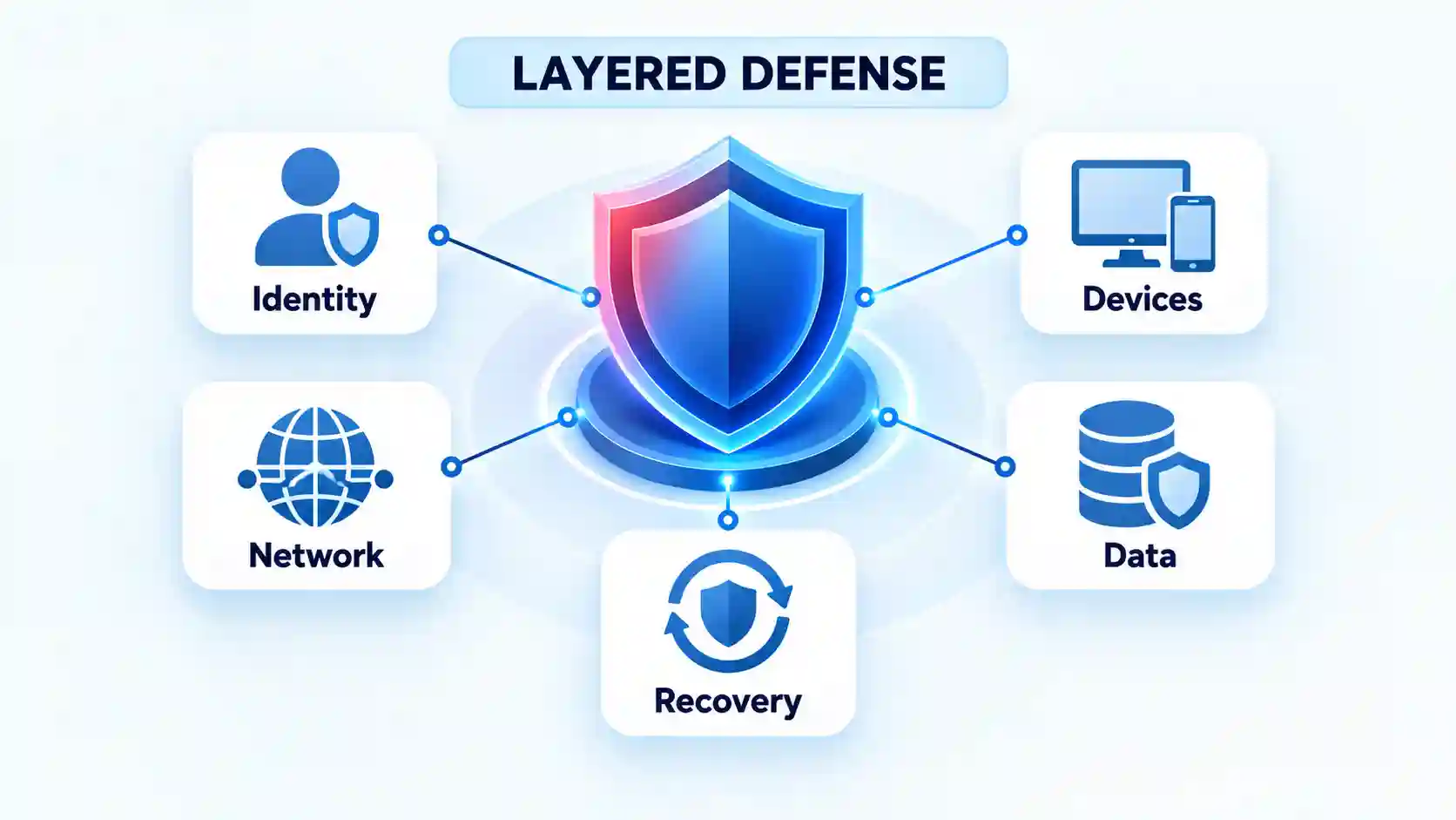 Layered Defense shield linked to Identity, Devices, Network, Data, and Recovery cards.