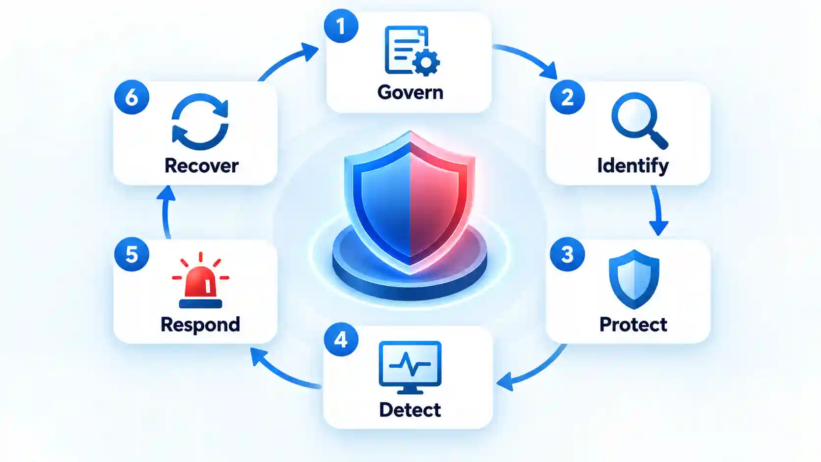 Six-step security loop around a shield: Govern, Identify, Protect, Detect, Respond, and Recover.