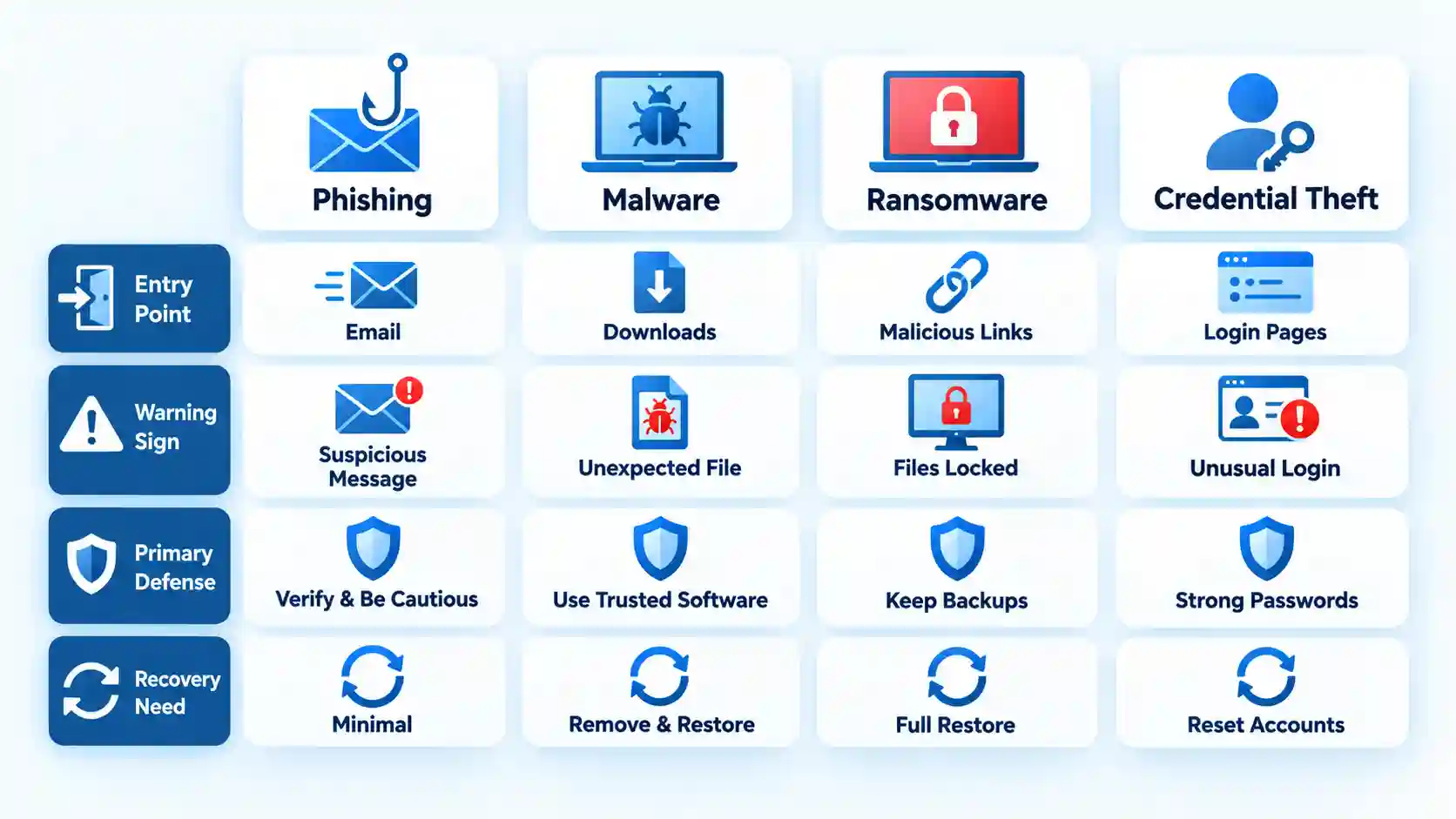 Comparison of Phishing, Malware, Ransomware, and Credential Theft across four security response categories.