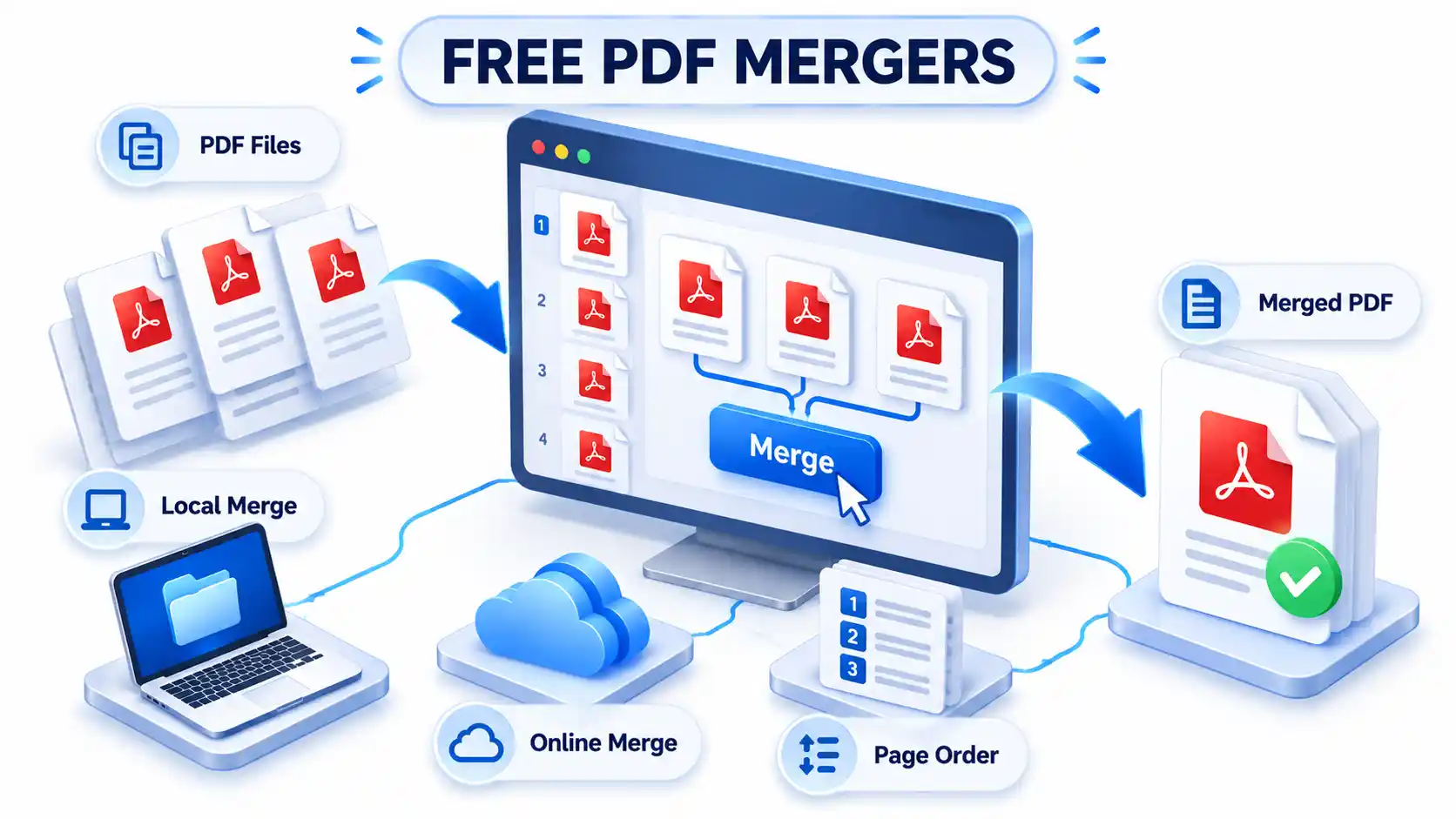 Isometric PDF merge workspace with PDF Files, Local Merge, Online Merge, Page Order, and Merged PDF labels.