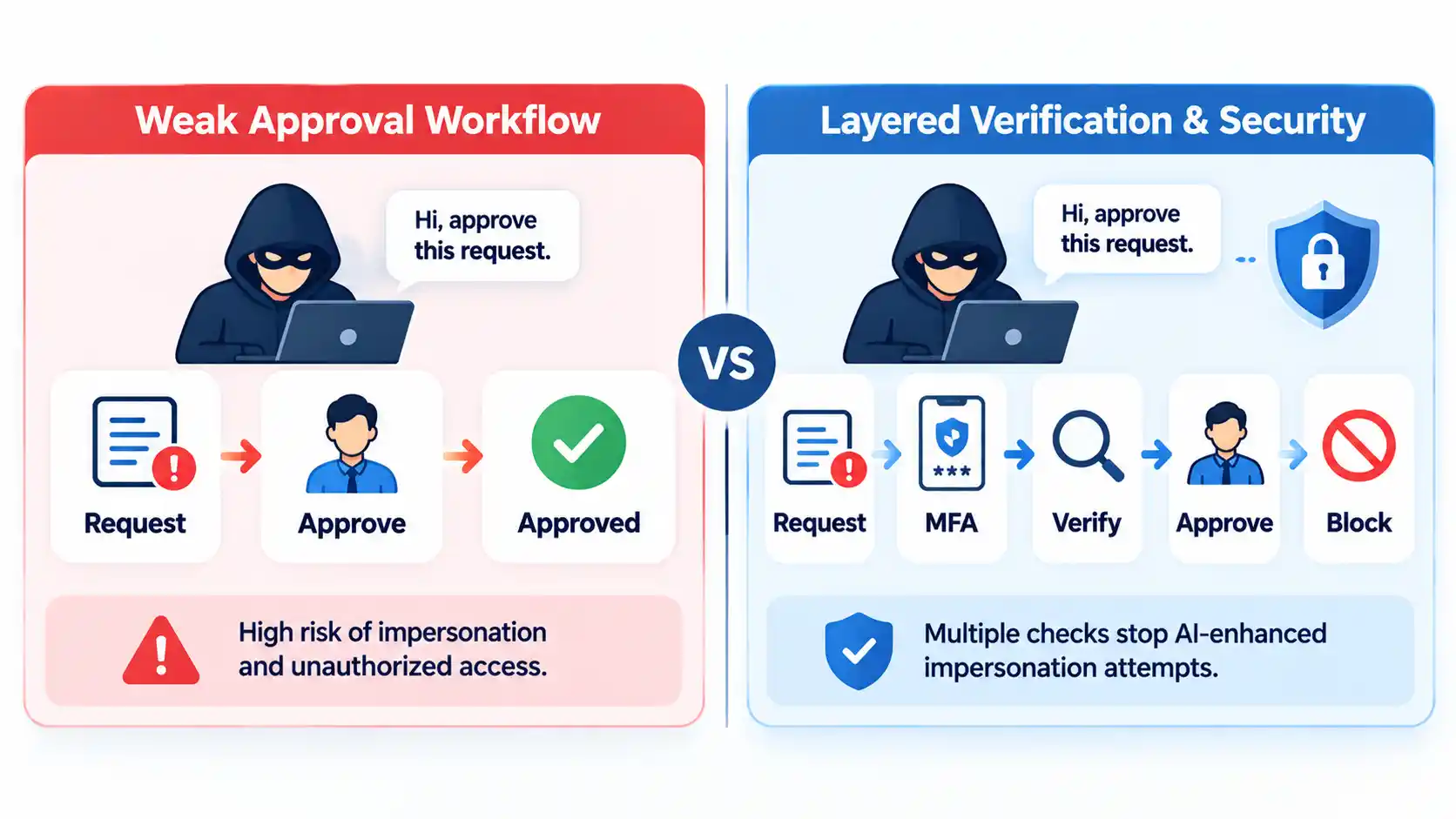 Weak approval workflow compared with layered Request, MFA, Verify, Approve and Block security checks.