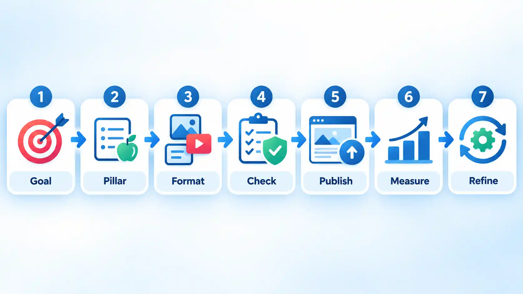 Seven-step workflow from Goal, Pillar, Format, and Check through Publish, Measure, and Refine.
