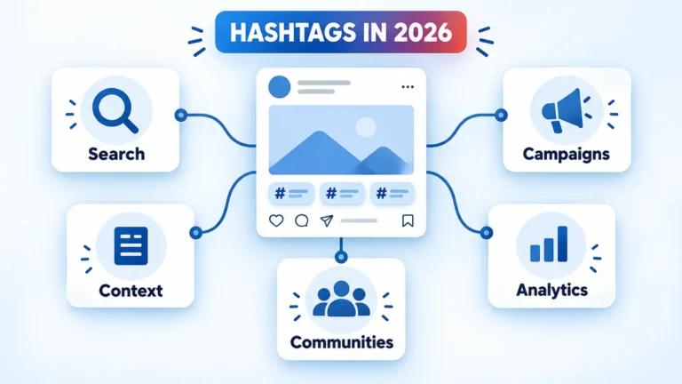 Hashtags in 2026 social post hub linked to Search, Context, Campaigns, Communities, and Analytics