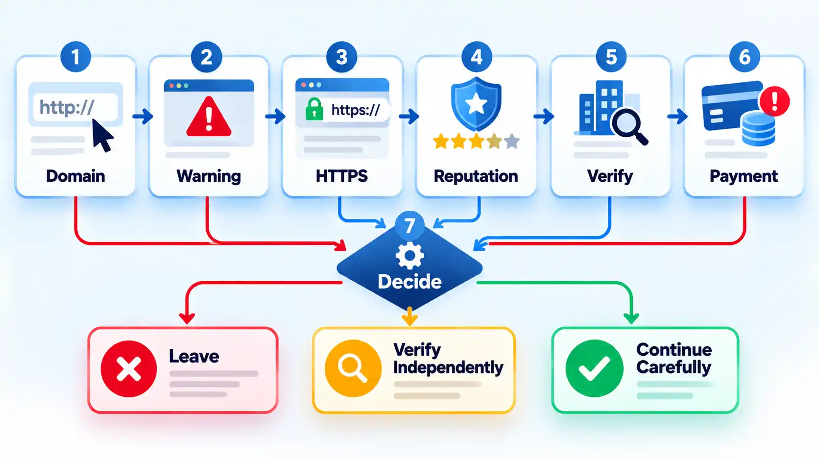 Numbered website safety flow from Domain and Warning checks to Decide, Leave, Verify Independently or Continue Carefully.