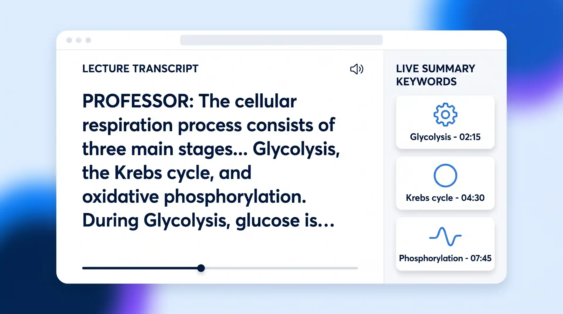 Illustration of Otter.ai desktop workspace showing synchronized 'LECTURE TRANSCRIPT' text and 'LIVE SUMMARY KEYWORDS' sidebar cards with timestamps.