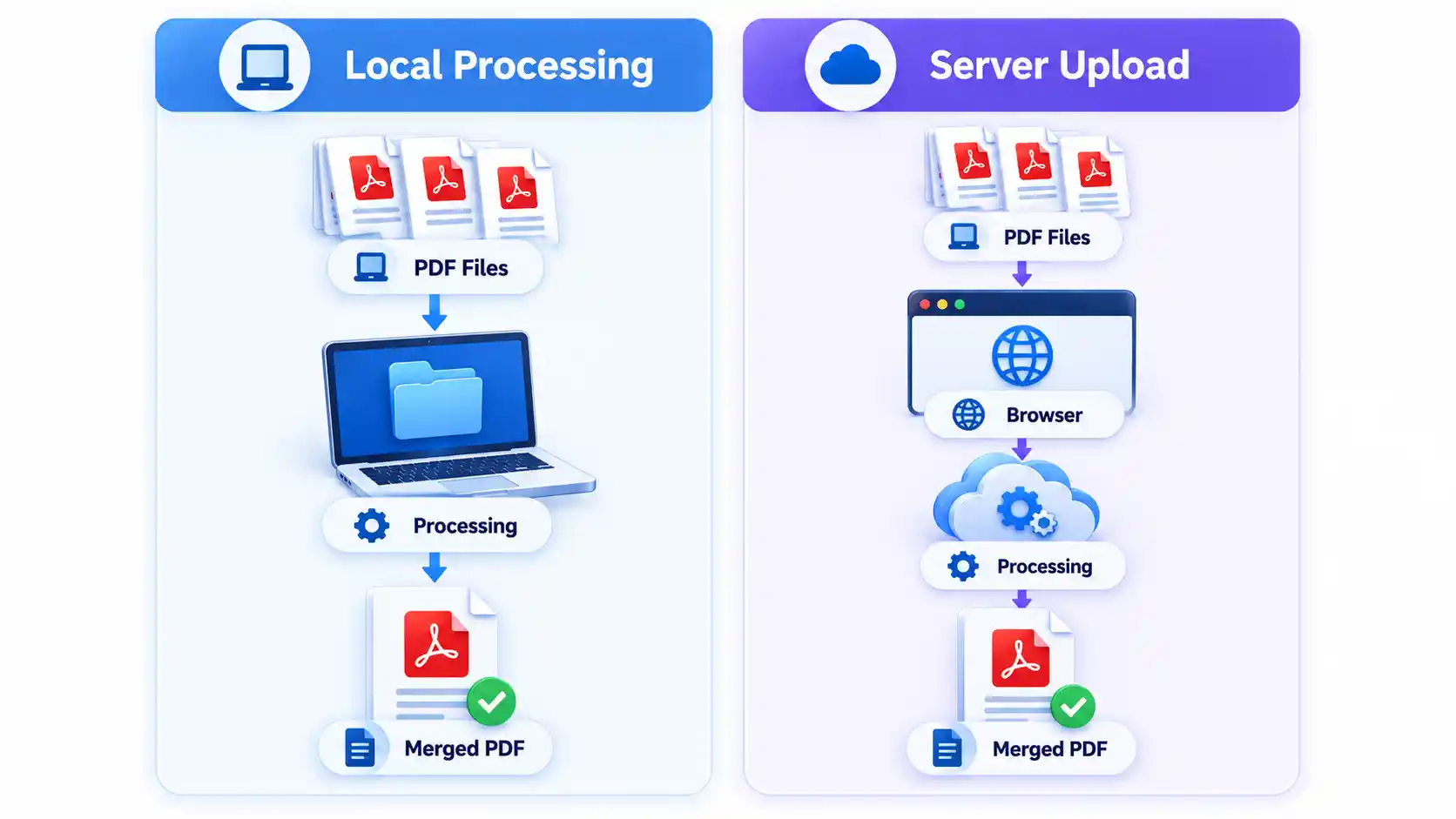 Local Processing and Server Upload workflows compare PDF Files, Browser, Processing, and Merged PDF steps.