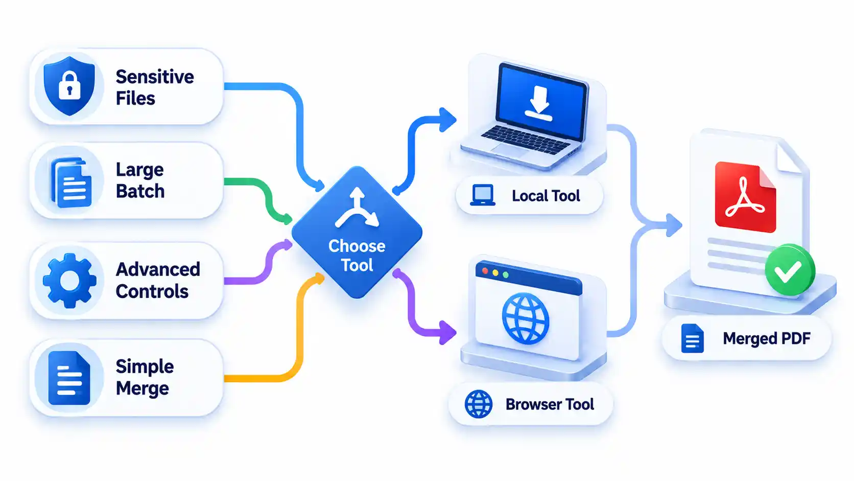 Sensitive Files, Large Batch, Advanced Controls, and Simple Merge flow to Local Tool or Browser Tool.