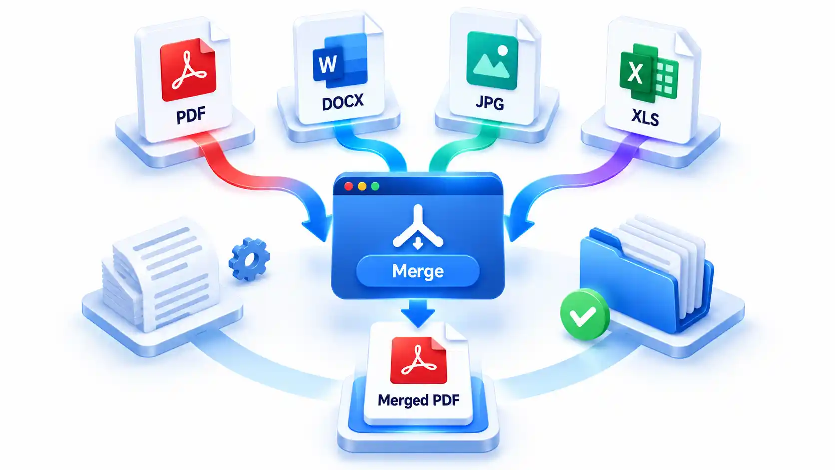 PDF, DOCX, JPG, and XLS file cards flow into a central Merge workspace and produce one Merged PDF.