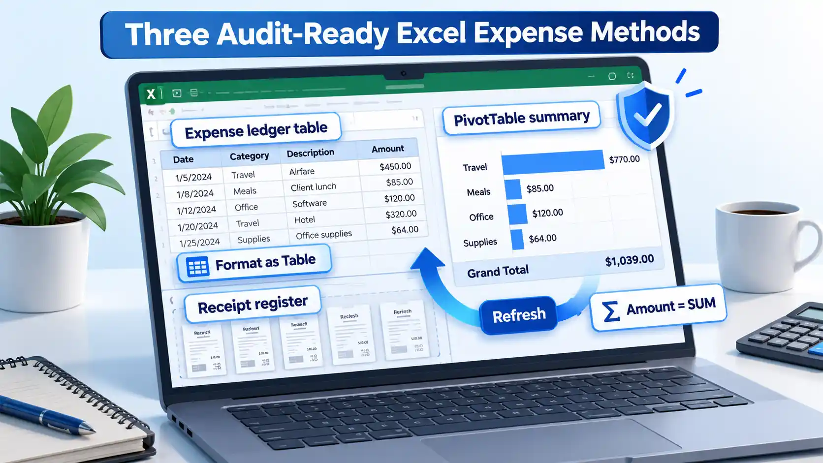 Laptop showing an expense ledger, receipt register, PivotTable summary, Refresh arrow, and verification shield.