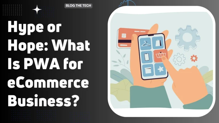 A diagram showing a PWA for an eCommerce business, with icons for fast loading, offline access, and push notifications on a smartphone.