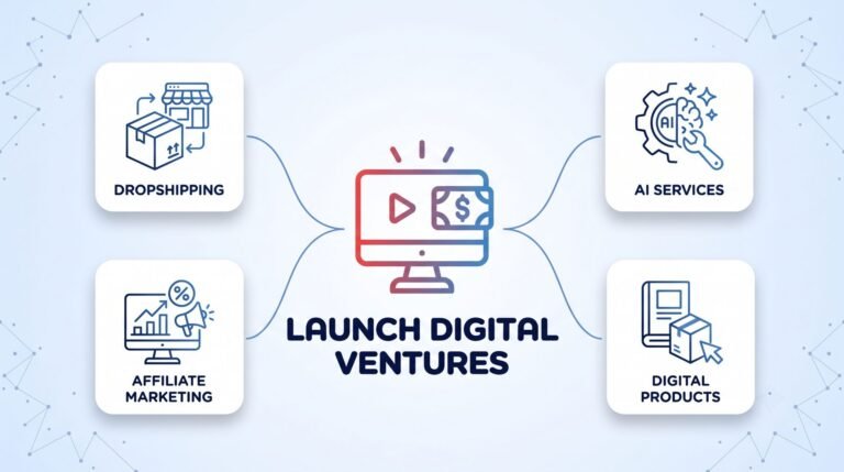 Launch Digital Ventures illustration showing a central computer monitor with play button and dollar icon connected to four business models: Dropshipping, Affiliate Marketing, AI Services, and Digital Products.