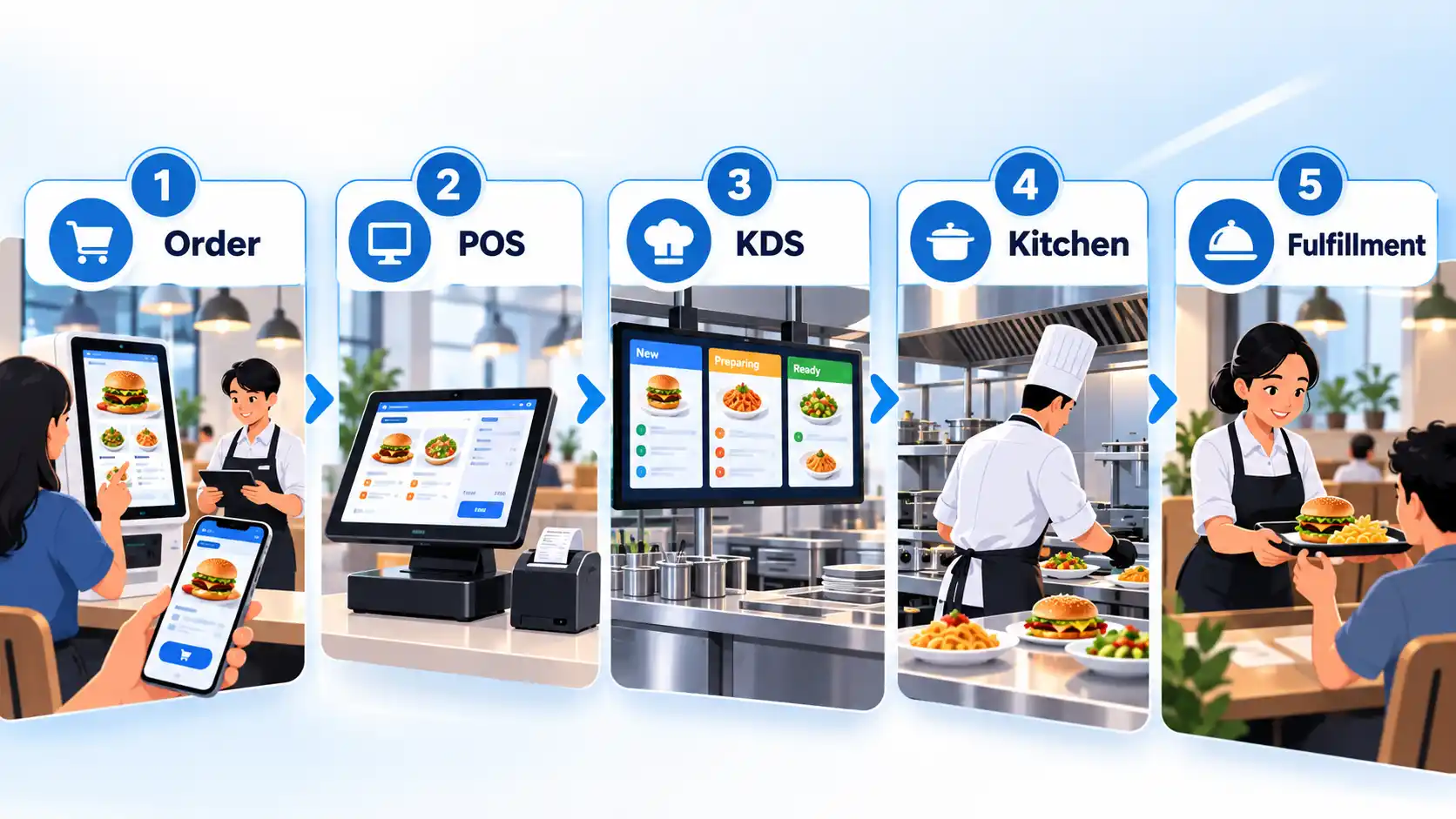 Five-step restaurant order flow labeled Order, POS, KDS, Kitchen, and Fulfillment with connected service stages.