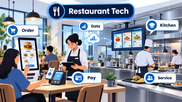 Modern restaurant tech scene labeled Order, Pay, Data, Kitchen, and Service with digital screens and staff.