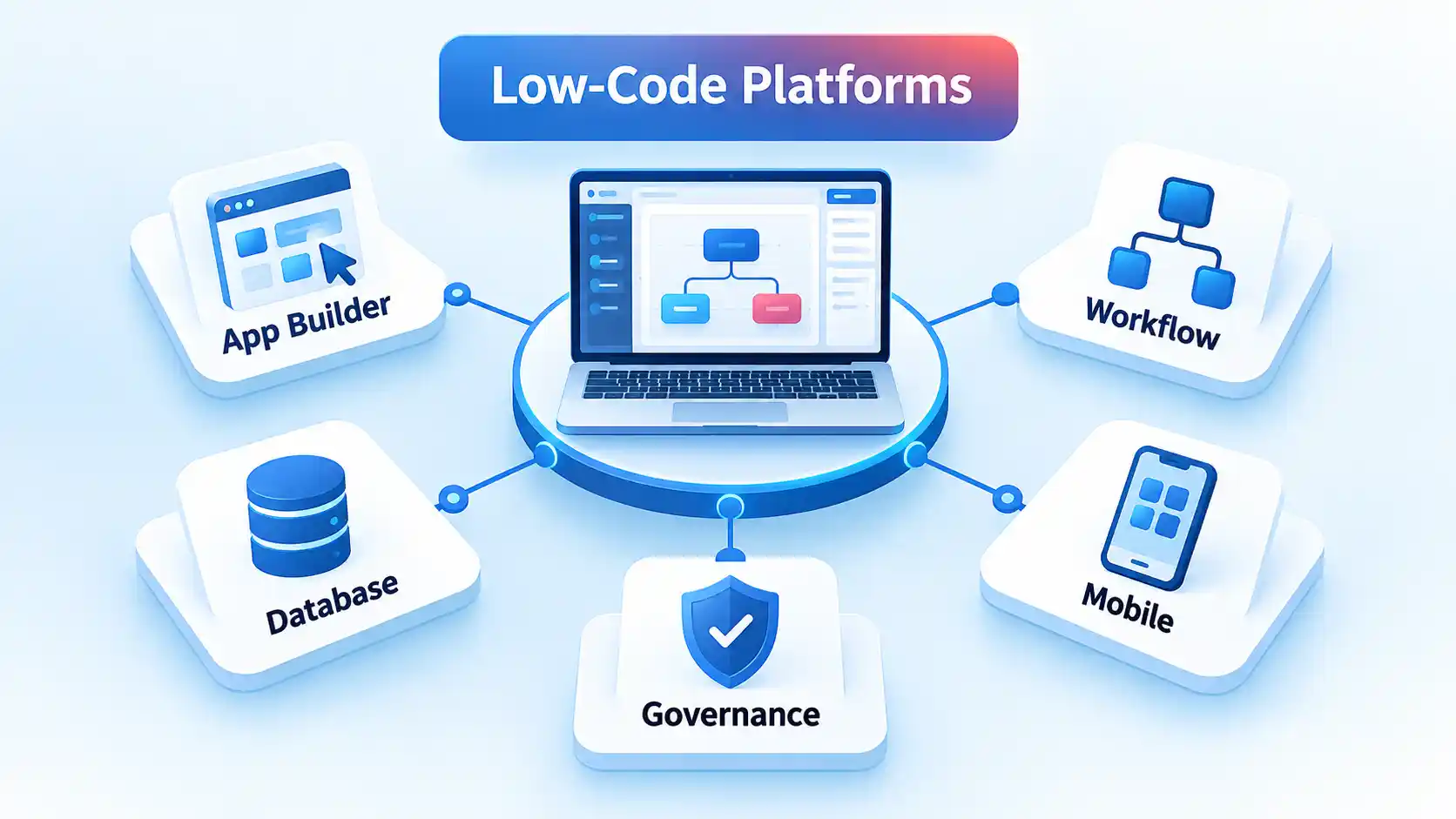 Low-Code Platforms workspace linked to App Builder, Workflow, Database, Mobile, and Governance cards.