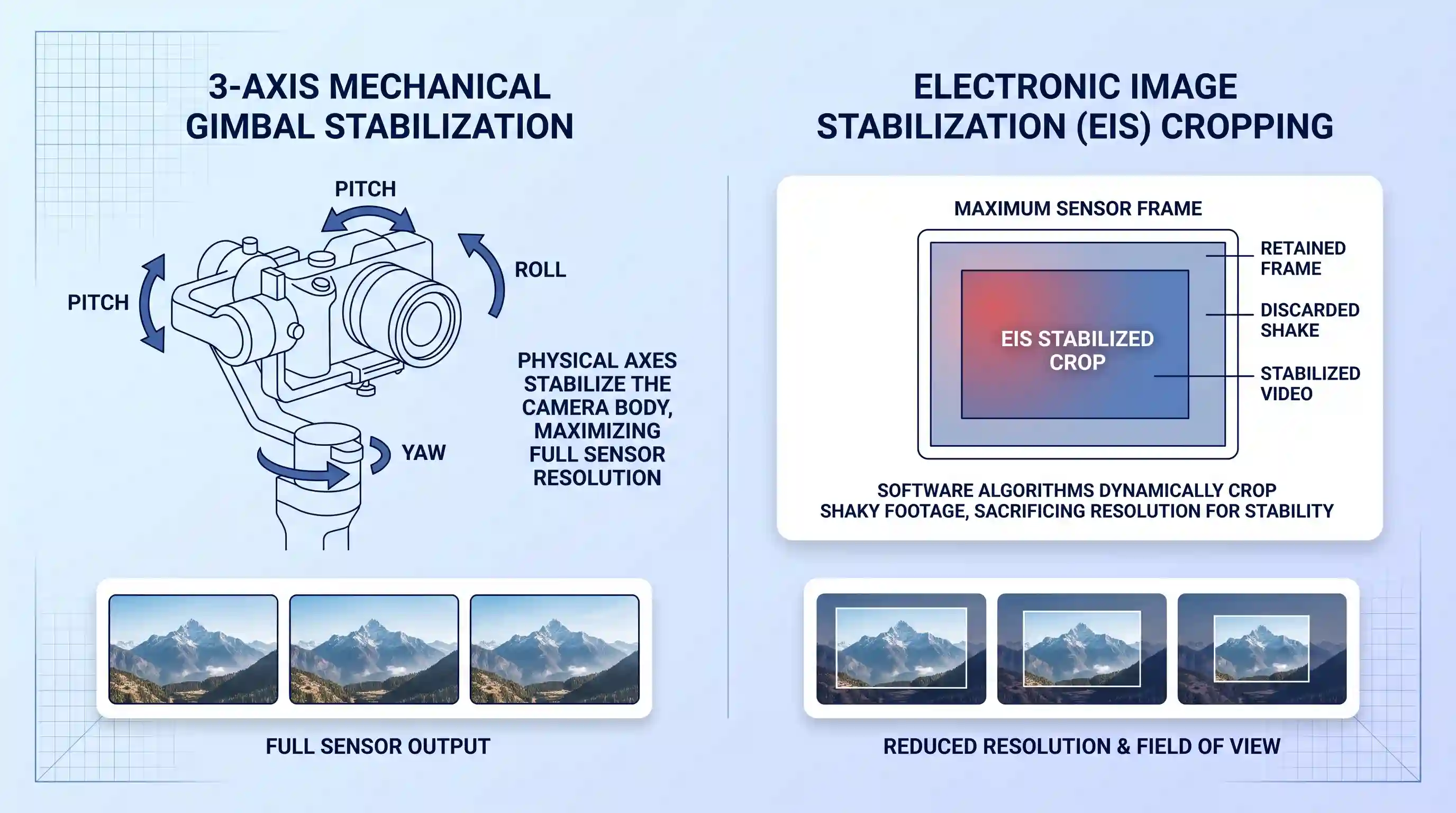 A side-by-side visual diagram contrasting 3-axis mechanical gimbal stabilization (physical pitch, roll, yaw axes) against EIS cropping (showing active sensor area and dynamic border adjustments).