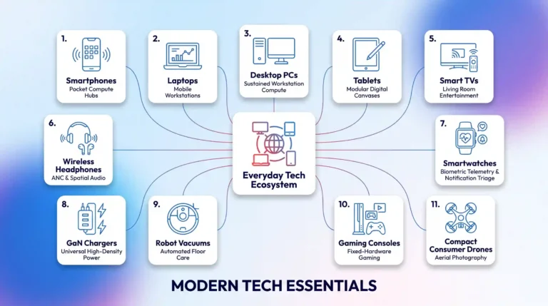 A hub-and-spoke diagram shows 11 numbered white cards with blue icons, including smartphones and drones, connected to a central red-to-blue gradient hub in a soft blue gradient background.