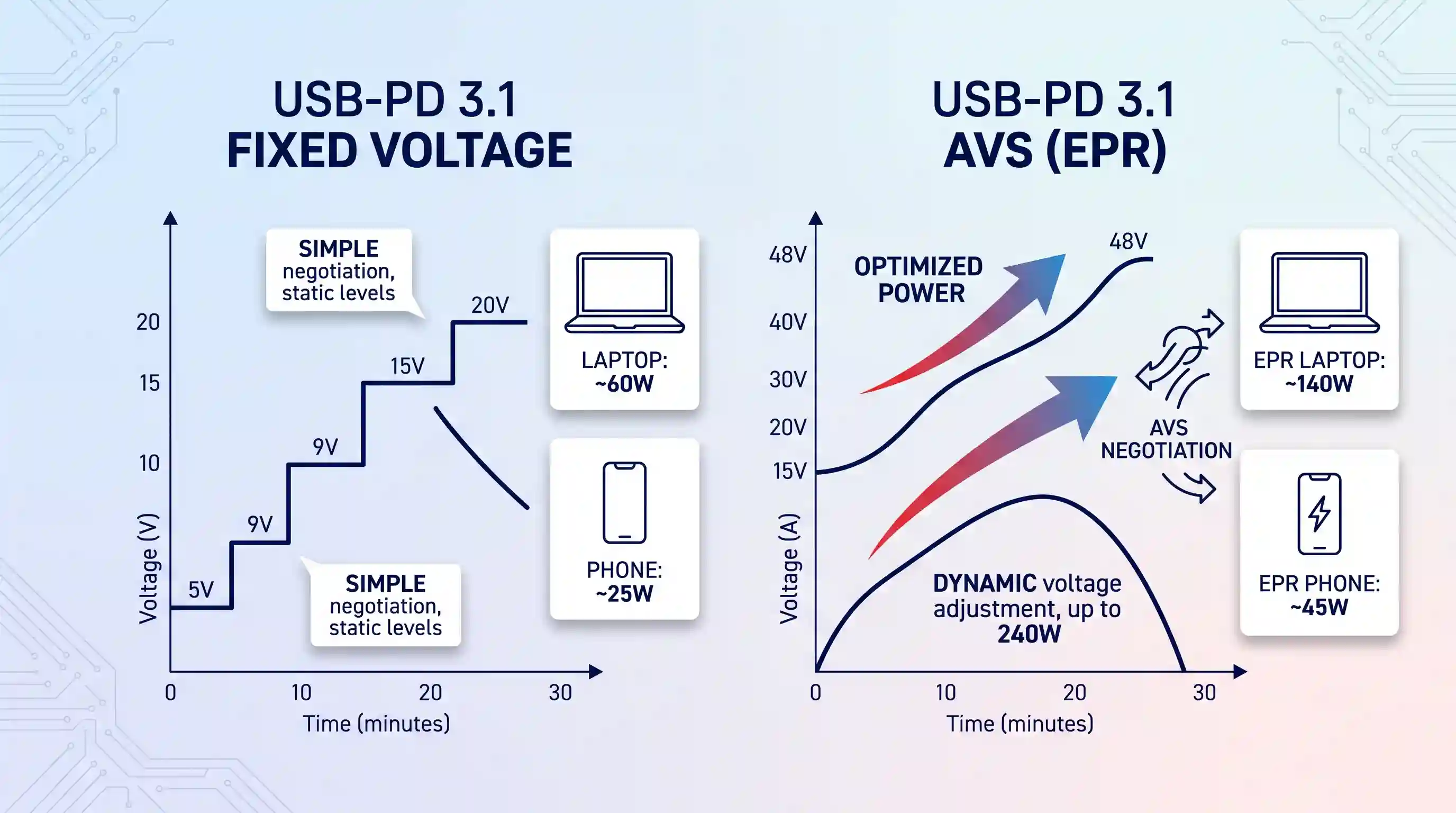 A side-by-side comparison diagram showing USB-PD 3.1 Fixed Voltage charging (static voltage steps, separate device illustrations) versus AVS EPR (dynamic voltage curves, multi-device negotiation up to 240W).