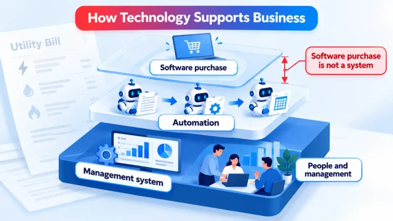 Three-layer diagram showing software purchase, robotic automation, and a management system with people and dashboards.