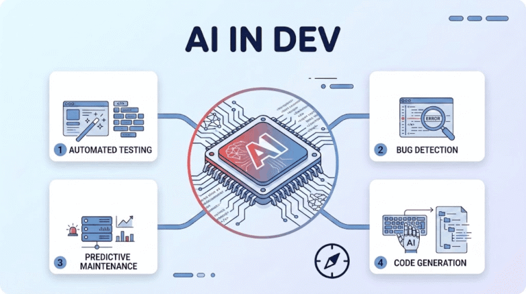 An infographic titled "AI IN DEV" with a central AI chip linked to four numbered development pillars: Automated Testing (1), Bug Detection (2), Predictive Maintenance (3), and Code Generation (4)