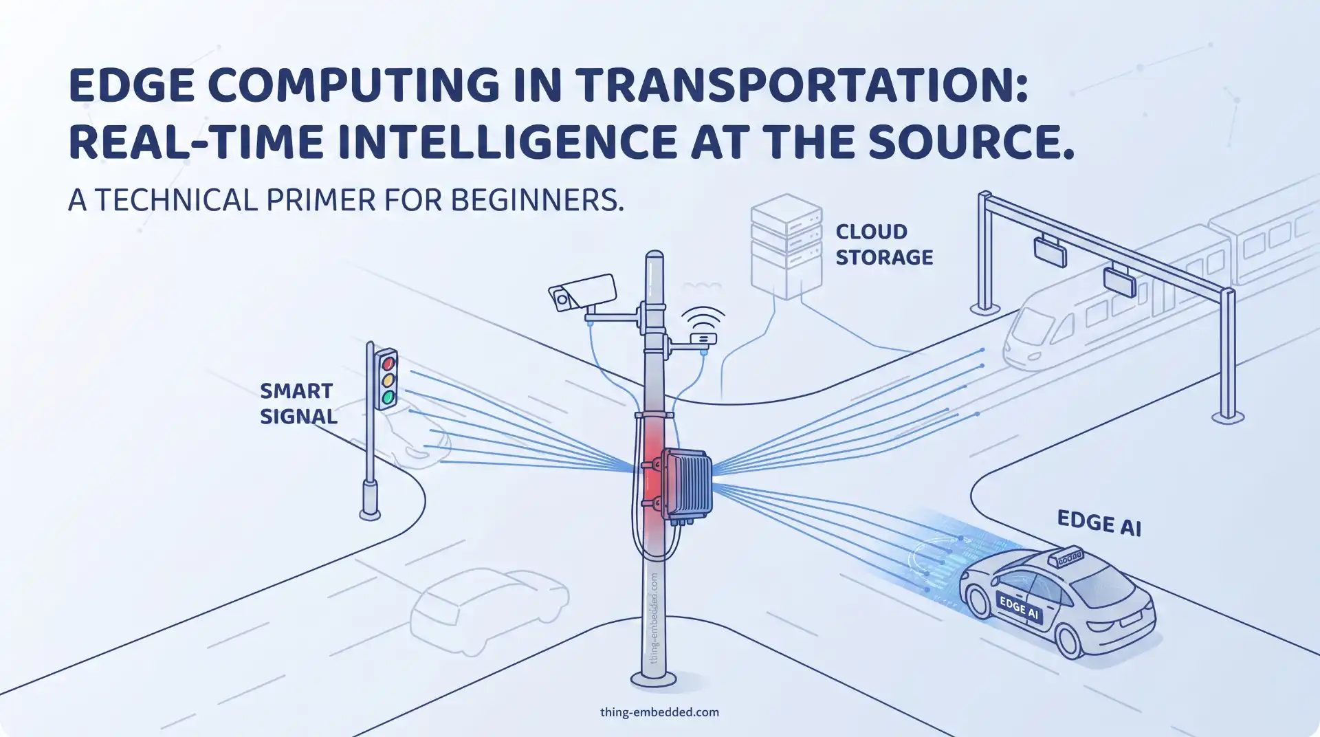 Isometric illustration of an edge computing ecosystem. A central roadside pole with sensors and a red-accented computing unit connects via blue data lines to a smart traffic signal, a passing connected car with 'EDGE AI' data overlays, and a distant train, with 'CLOUD STORAGE' in the background. Large navy text reads 'EDGE COMPUTING IN TRANSPORTATION: REAL-TIME INTELLIGENCE AT THE SOURCE.'