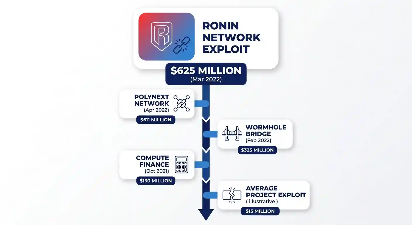 A vertical timeline comparing major crypto hacks; the $625M Ronin exploit at the top is much larger than other examples.