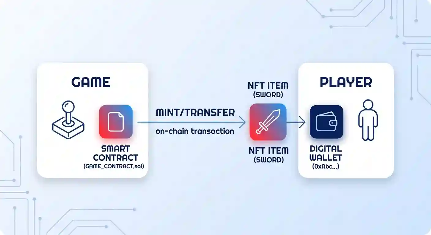 A simple labeled diagram on a circuit background showing an NFT sword moving from a game's smart contract into a player's wallet.
