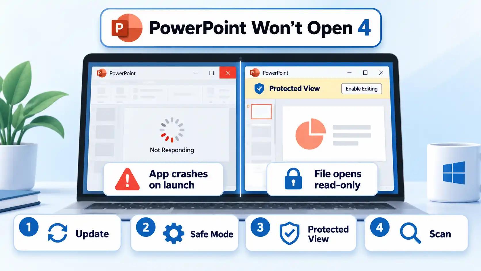 Windows laptop showing PowerPoint crashing and Protected View, with four fixes: Update, Safe Mode, Protected View, and Scan.