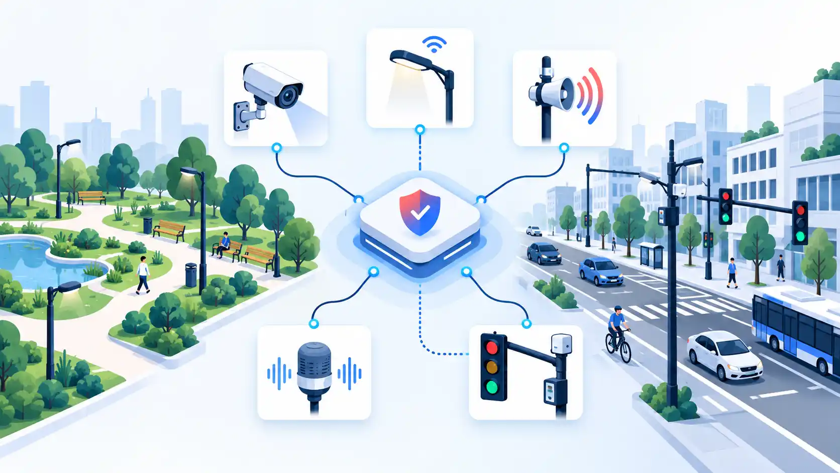Public park and city street linked to smart cameras, lighting, alerts, acoustic sensors, and traffic signals.