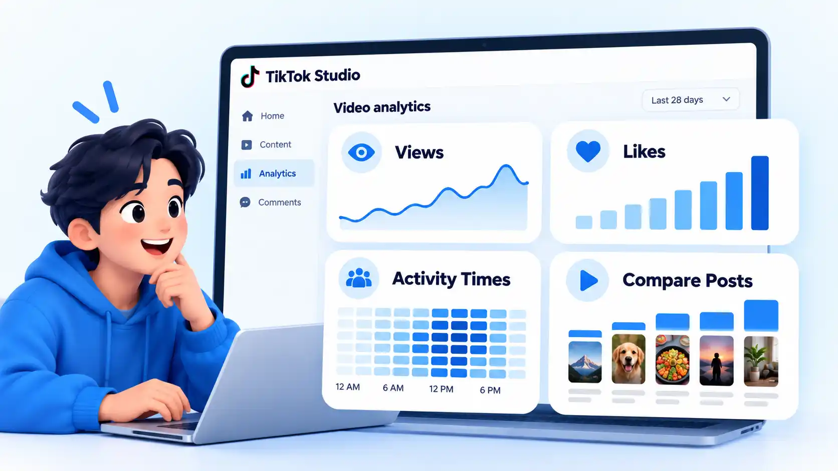 TikTok Studio dashboard with Views, Likes, Activity Times, and Compare Posts analytics panels.