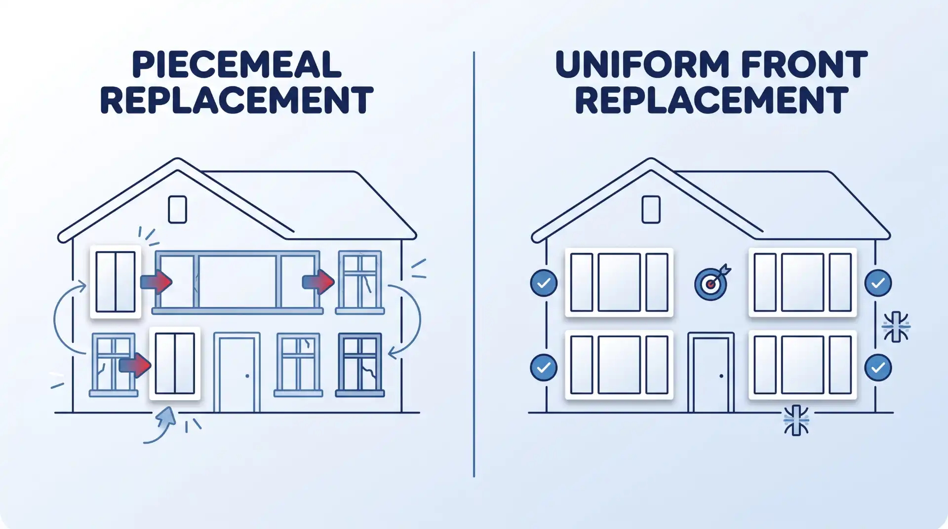 A comparison diagram showing an inconsistent, mismatched home exterior resulting from phased window replacement next to a home with a cohesive, uniform row of new windows.