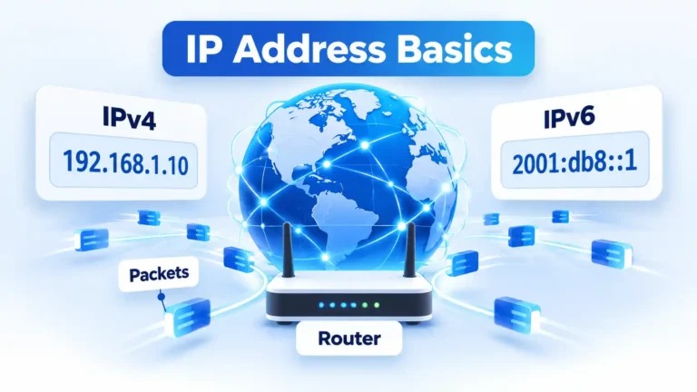 IPv4 and IPv6 address cards flank an internet globe, router, and flowing network packets.
