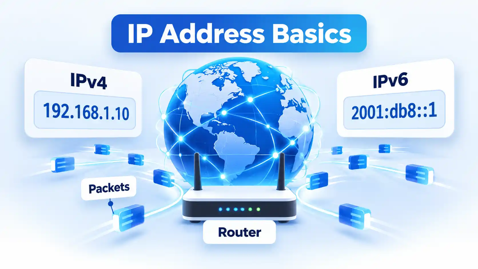 IPv4 and IPv6 address cards flank an internet globe, router, and flowing network packets.