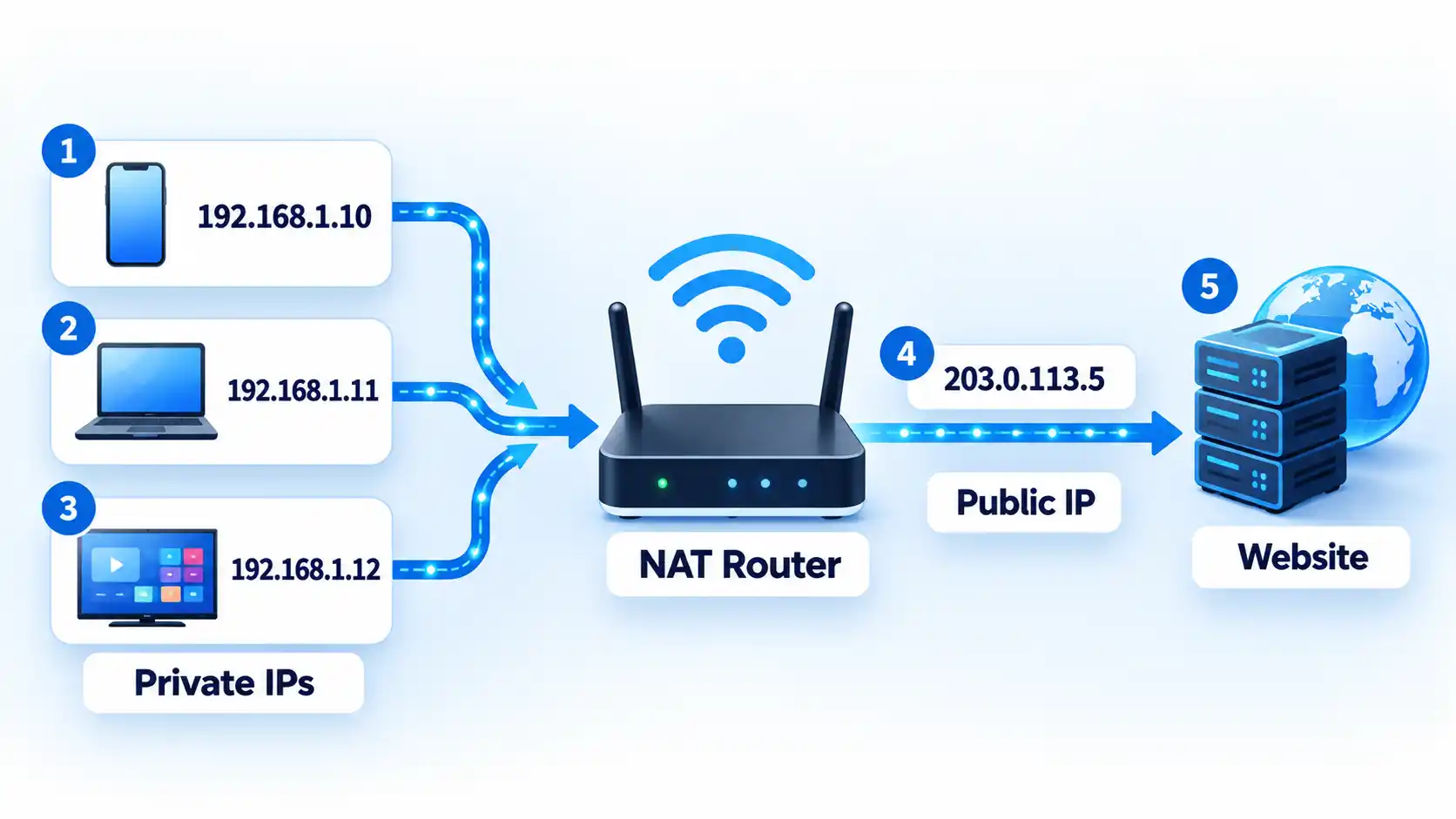 Phone, laptop, and smart TV send private IP traffic through a NAT Router to a Public IP and Website.