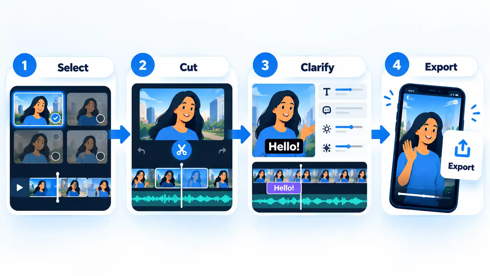 Four-step video editing workflow labeled Select, Cut, Clarify, and Export with timeline and captions