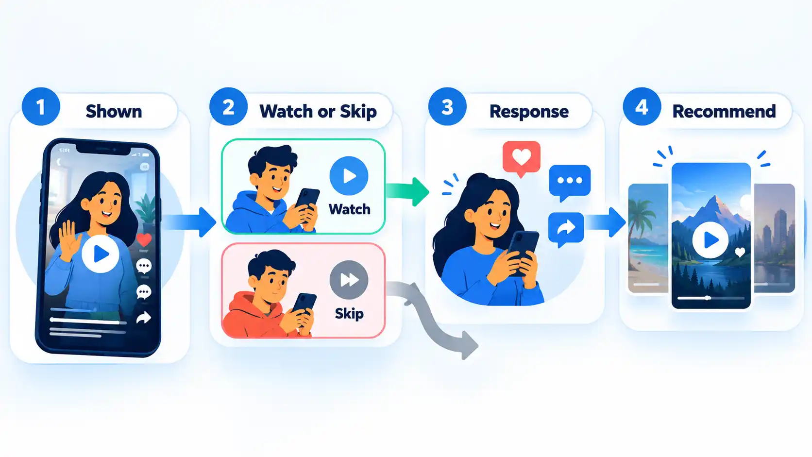Four-step video recommendation flow labeled Shown, Watch or Skip, Response, and Recommend