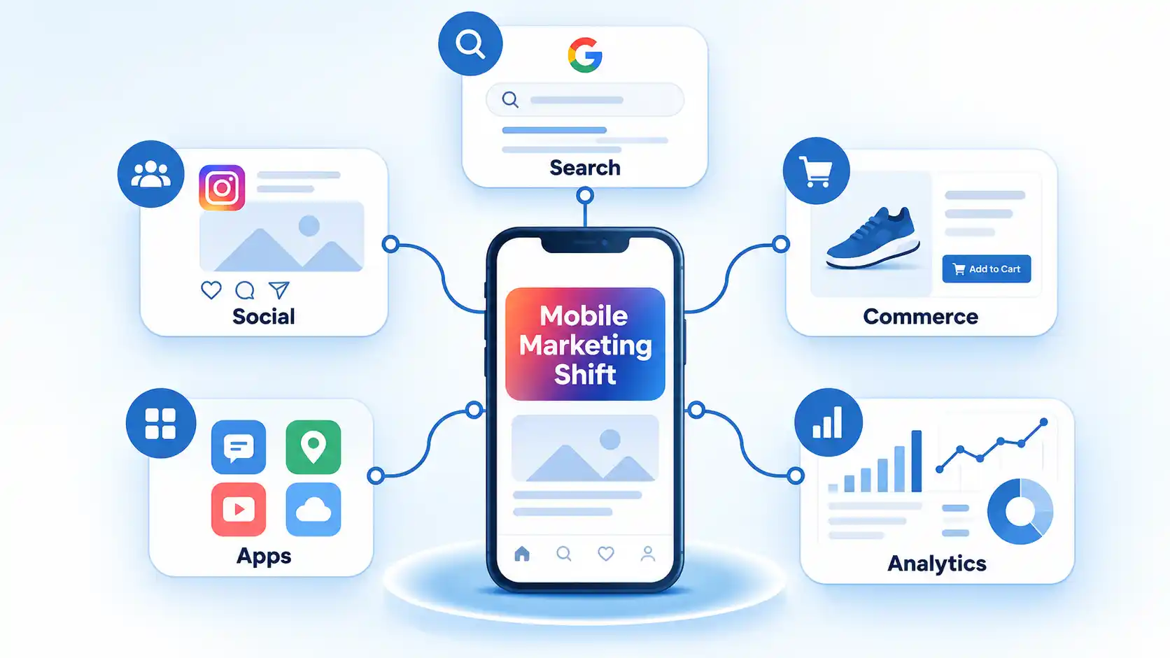 Smartphone hub connects Search, Social, Commerce, Apps, and Analytics around a Mobile Marketing Shift badge.