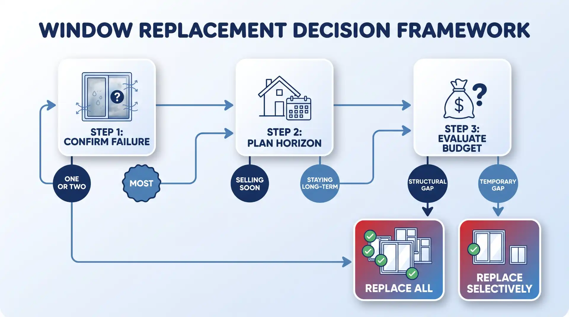 A simple three-step decision flowchart helping readers choose between 'Replace all' or 'Replace selectively' window strategies based on the scope of failure, future plans, and budget type.