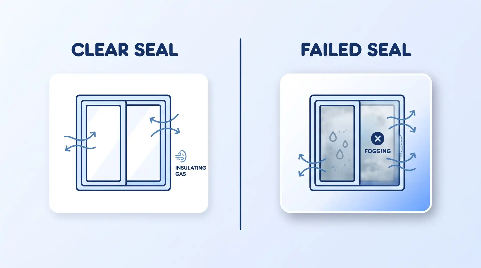 A diagram comparing a clear window pane ('CLEAR SEAL') to a hazy one with condensation between the glass ('FAILED SEAL').