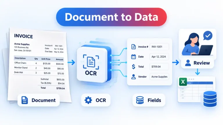 Invoice flows through OCR into extracted fields, human review, spreadsheet, and database outputs.