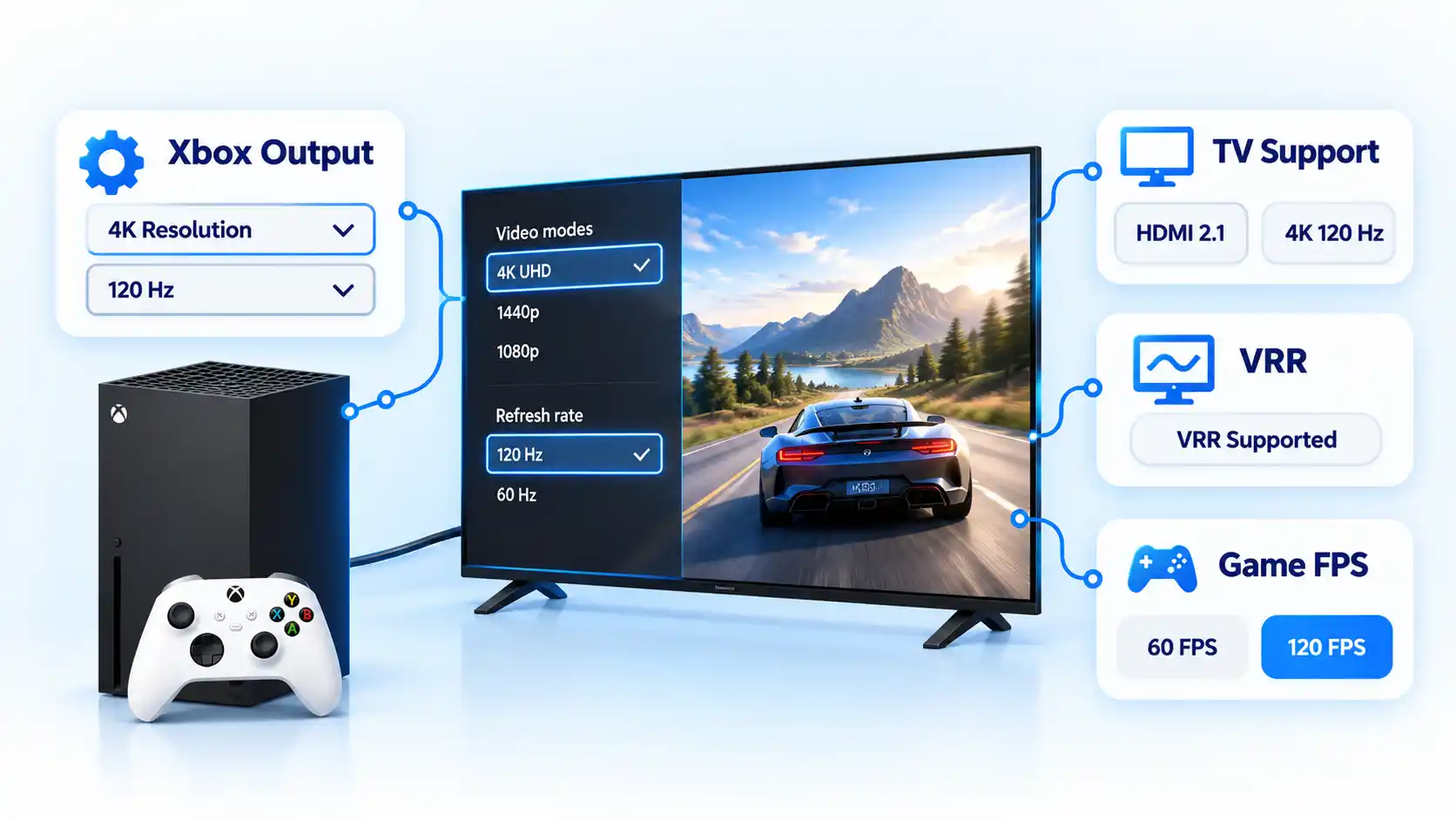 Xbox Series X and TV with Xbox Output, TV Support, VRR, and Game FPS cards showing 4K, 120 Hz, and HDMI 2.1.