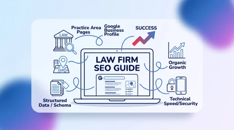 A modern graphic featuring a laptop displaying 'LAW FIRM SEO GUIDE' surrounded by icons representing key concepts like local search, keywords, technical health, and content, all connected by lines on a subtle blue and violet mesh gradient background.
