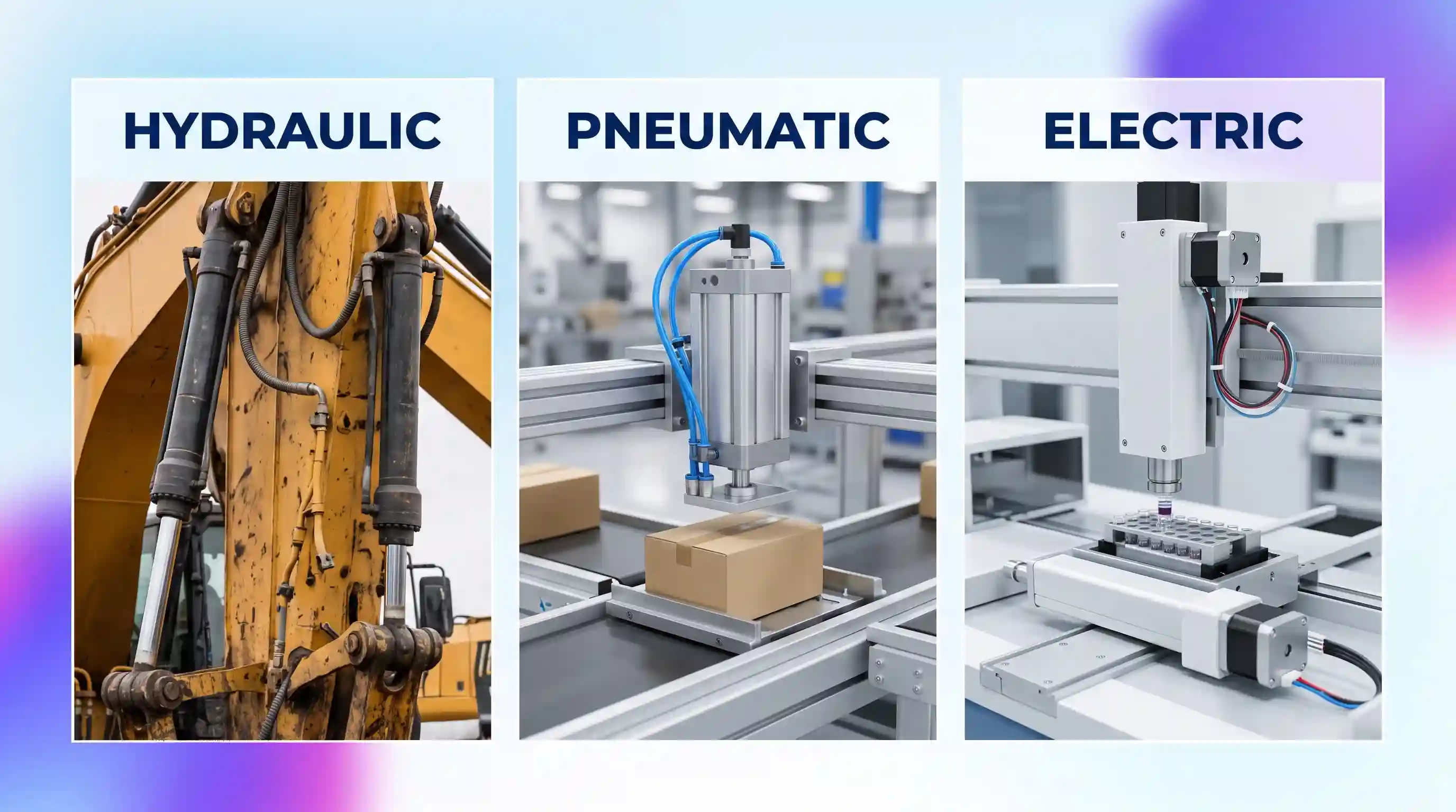 Three realistic photos in a column: Hydraulic on heavy machine arm, Pneumatic in packaging line, Electric on lab automation stage. Labels: HYDRAULIC, PNEUMATIC, ELECTRIC.