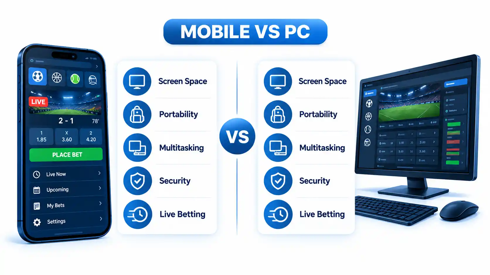 Mobile and PC betting screens compared by Screen Space, Portability, Multitasking, Security, and Live Betting.